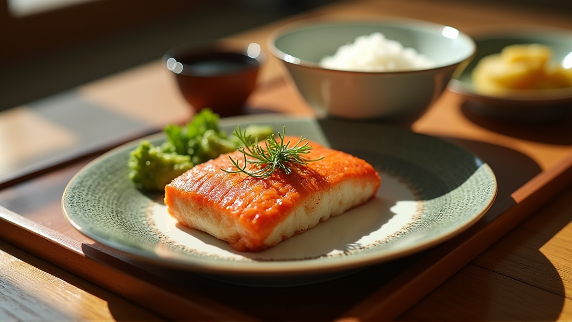 炊き立てご飯と焼いた干物の朝食プレート
