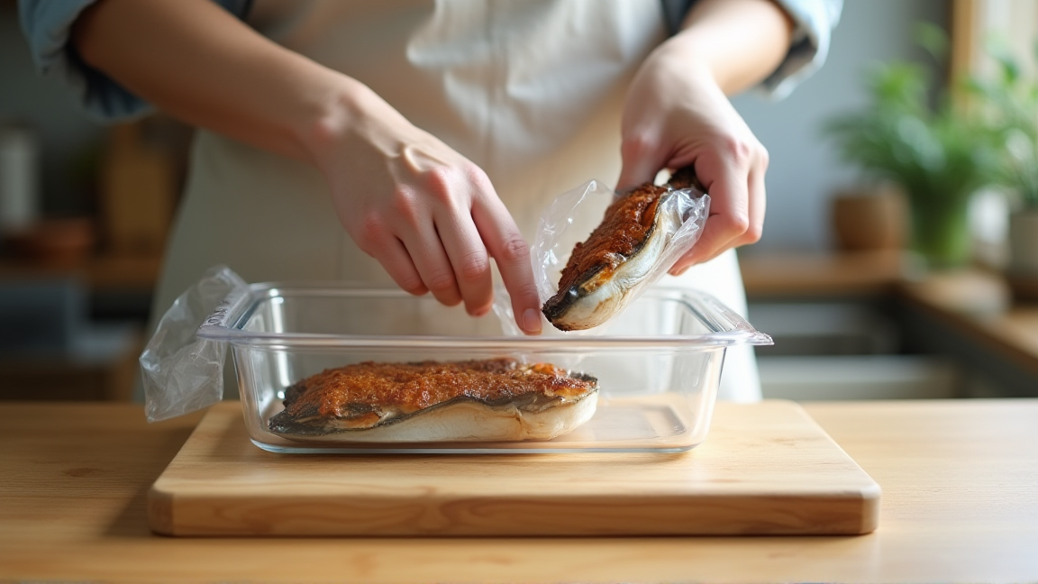 ラップに包まれた焼き干物を保存容器に入れる様子