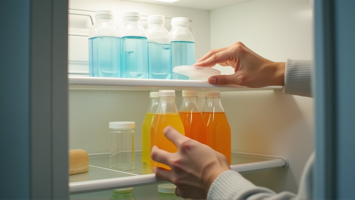 冷蔵庫の庫内に並ぶボトルと容器を整理する様子