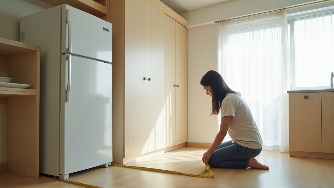 新しい冷蔵庫のサイズをメジャーで採寸する様子