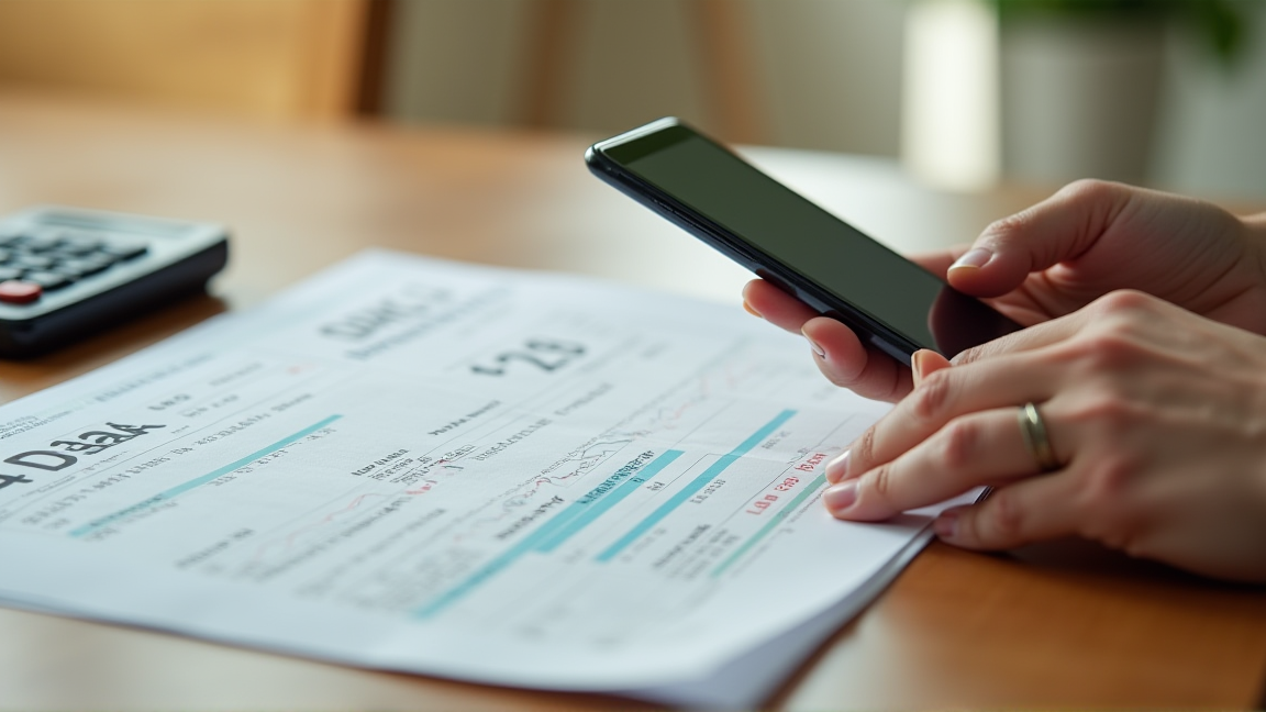 机の上でスマホと請求書を見ながら料金を計算する様子