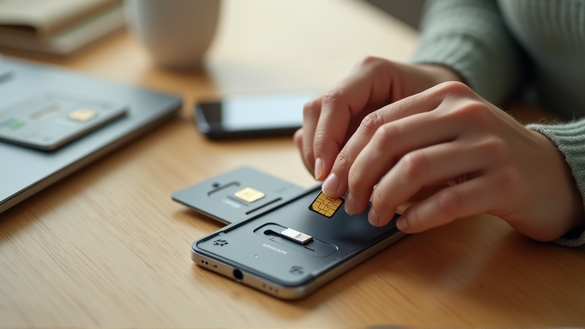 格安SIMのSIMカードをスマホに差し替える様子