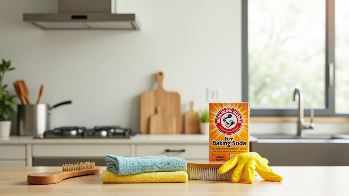 キッチンで換気扇掃除の道具を並べている様子