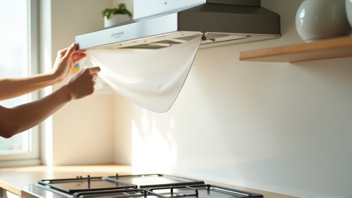 レンジフードに不織布フィルターカバーを取り付ける様子