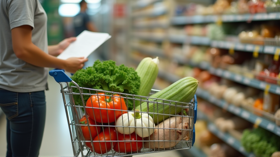 日曜日にスーパーでまとめ買いをしている様子
