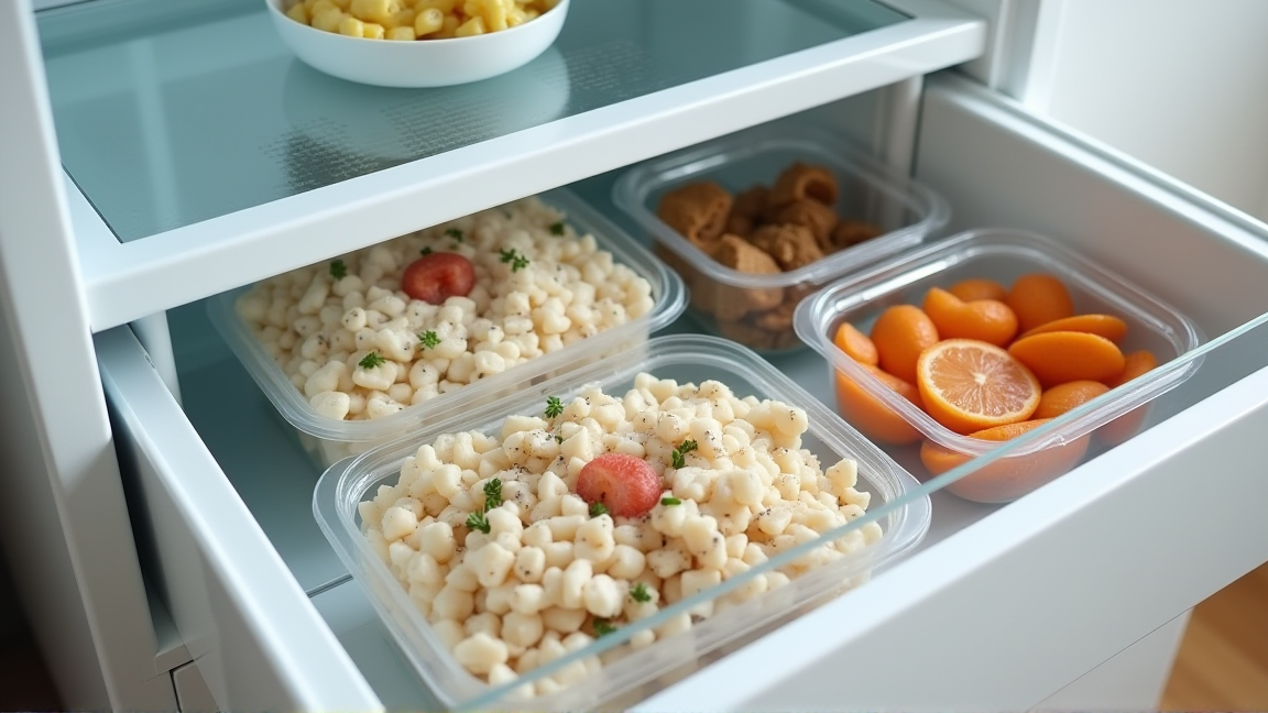 冷凍庫に作り置きを並べて保存している様子