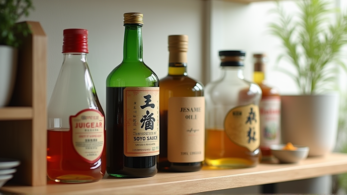 調味料が並んだキッチンの棚