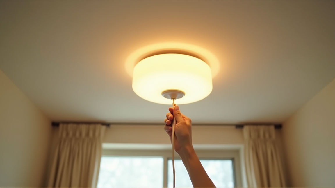 天井のシーリングライトを見上げて確認する手元