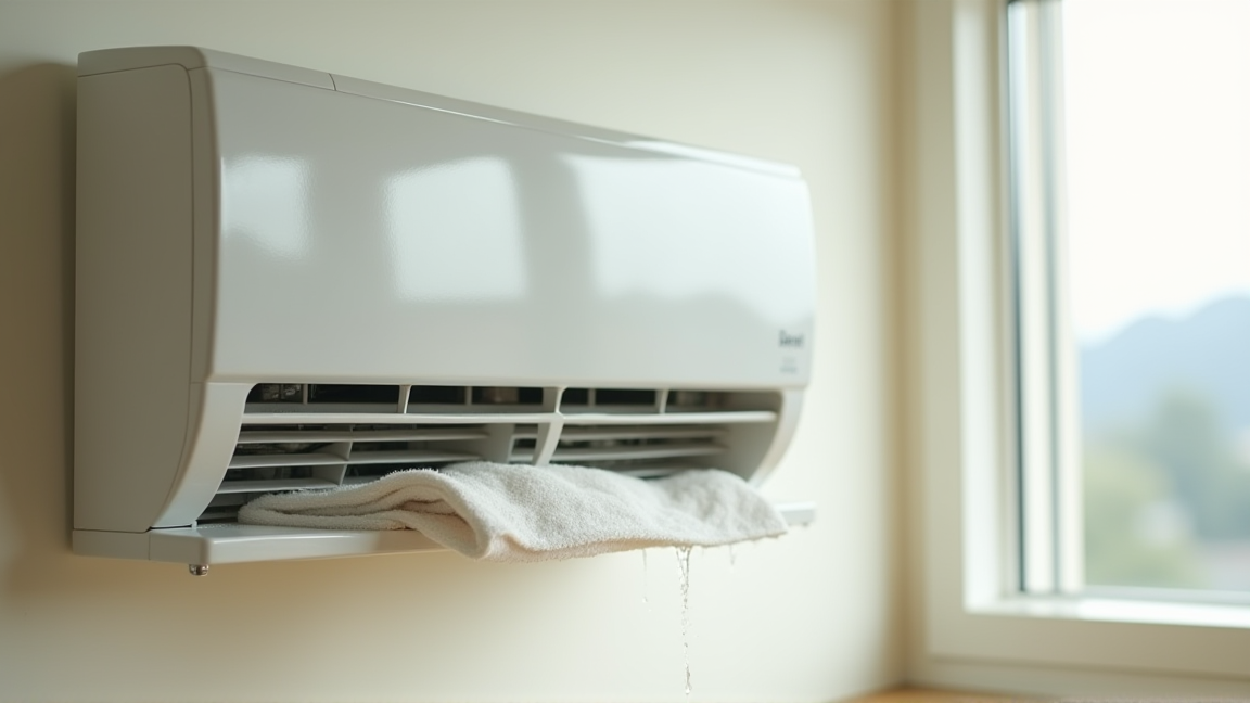 室内機の下にタオルを敷いて水漏れを観察する様子