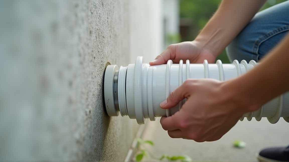 屋外のドレンホース先端を点検する手元