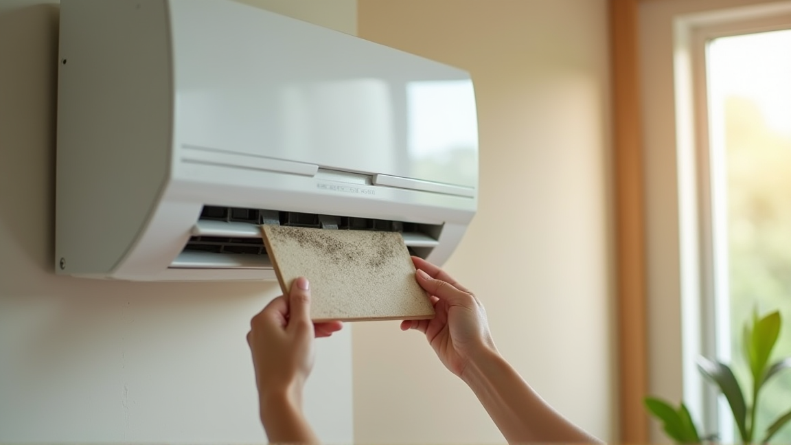 エアコンのフィルターを取り外して掃除する様子