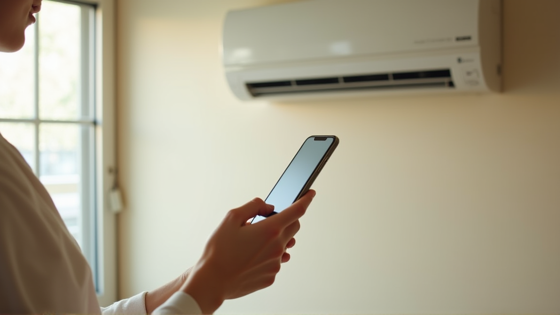 スマホで管理会社に連絡しながらエアコンを見上げる様子