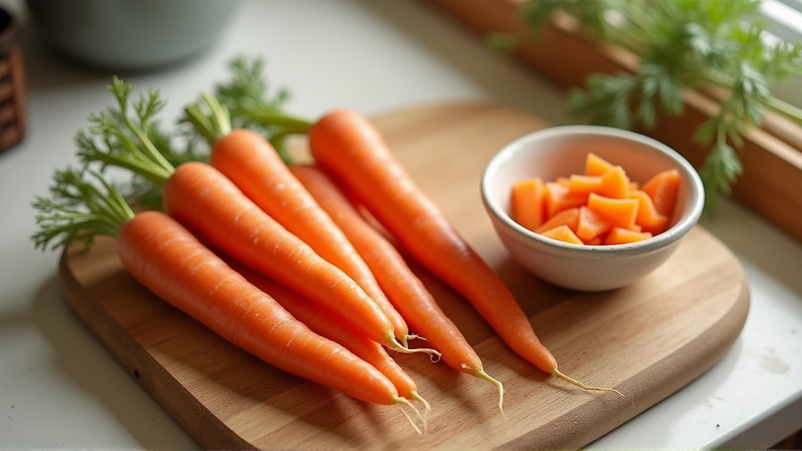 失敗しがちな冷凍にんじんと新鮮なにんじんを並べたキッチンの様子