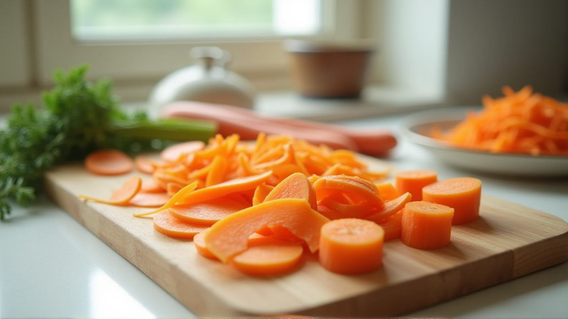 用途別に切り分けたにんじんを並べた下ごしらえの様子