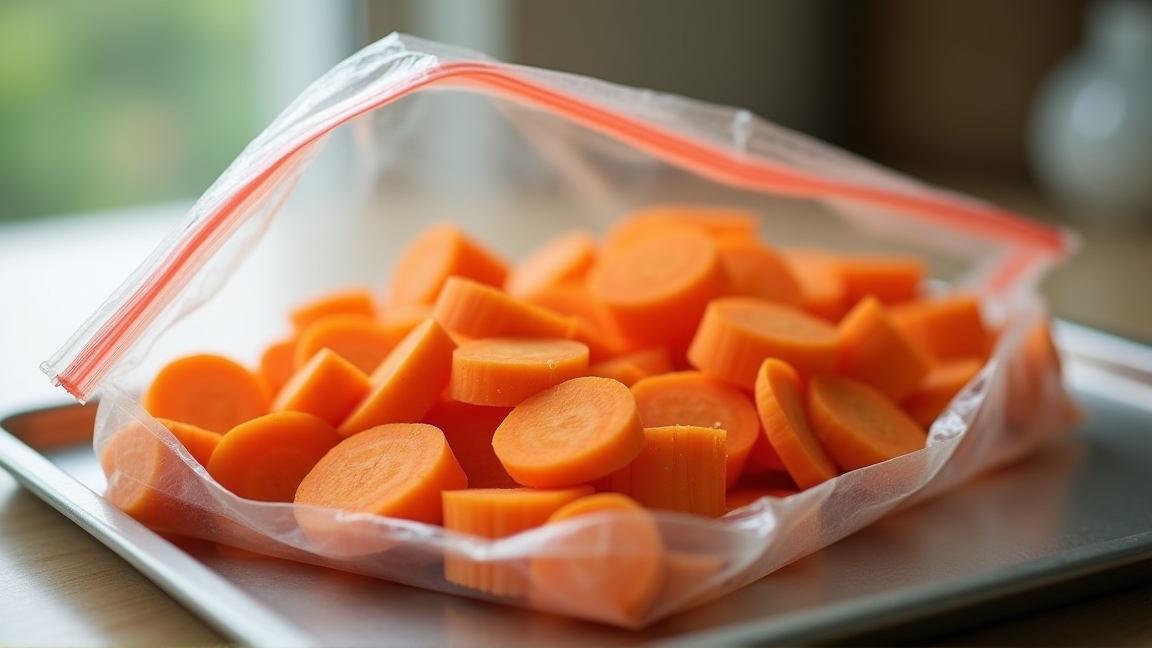 冷凍用保存袋に小分けしたにんじんを並べた様子