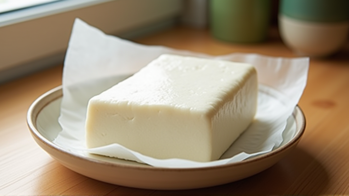 キッチンペーパーで包んだ豆腐を耐熱皿にのせた様子