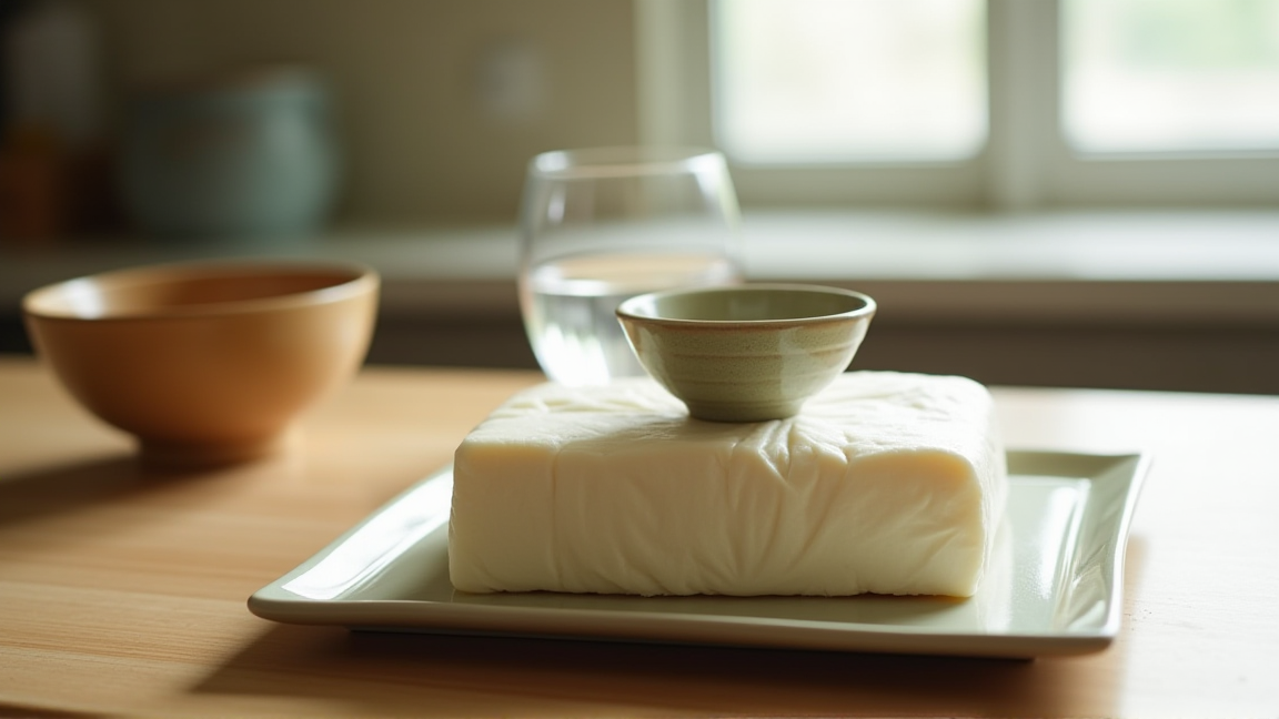豆腐の上に小皿と水入りのカップを重しとしてのせた様子