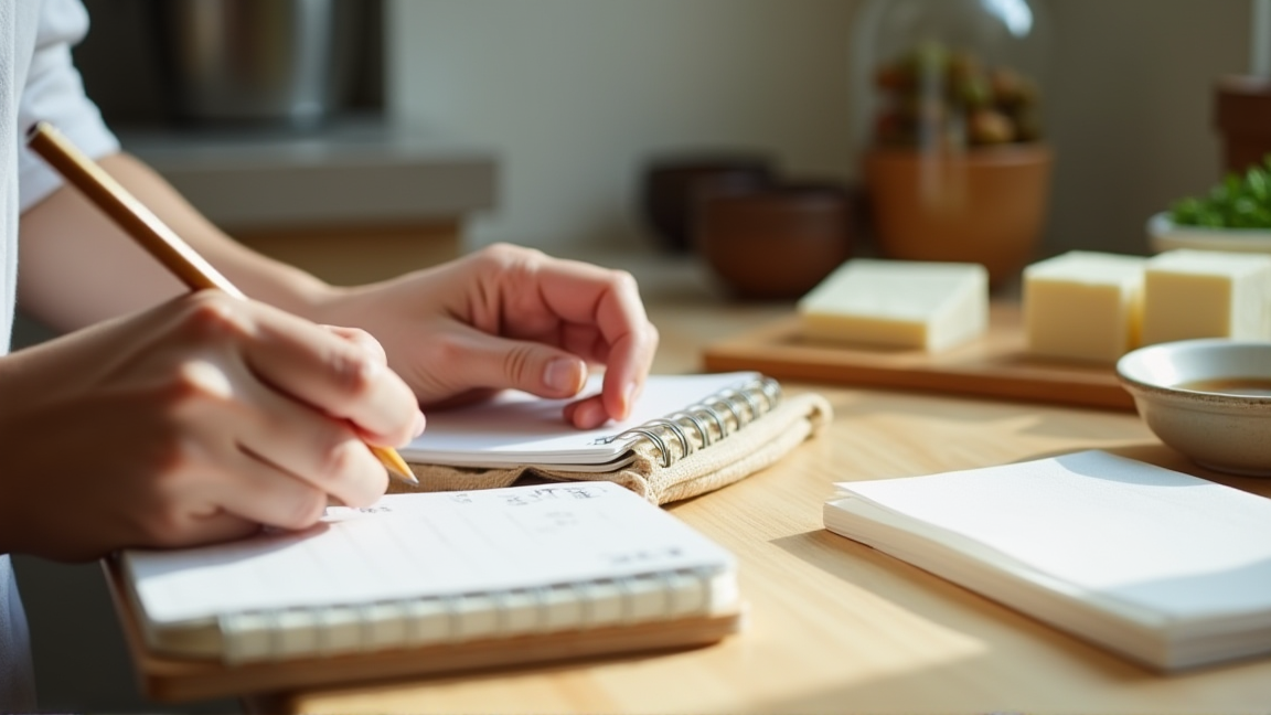 キッチンで質問に答えるようにメモを取る手元