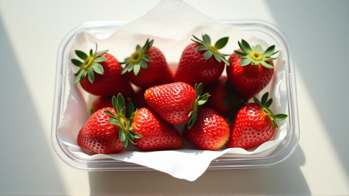 保存容器にキッチンペーパーを敷いていちごをヘタを下に並べた様子