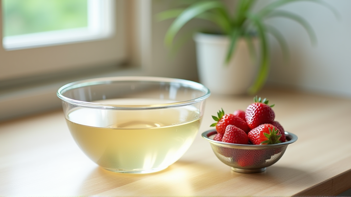 ボウルの酢水とザルにあげたいちご