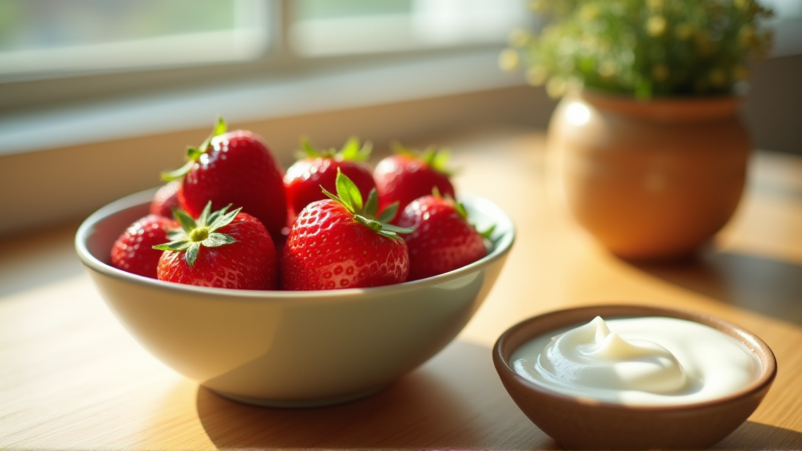 食卓に並んだ甘いいちごとヨーグルト