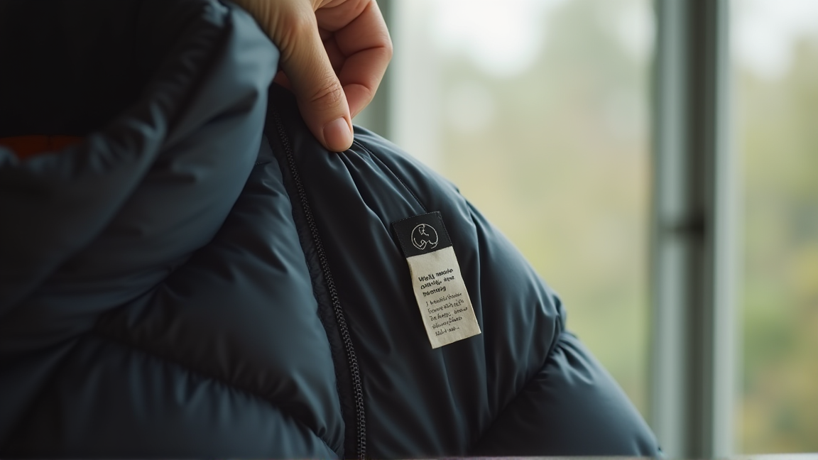 ダウンジャケットの洗濯表示タグを確認する様子