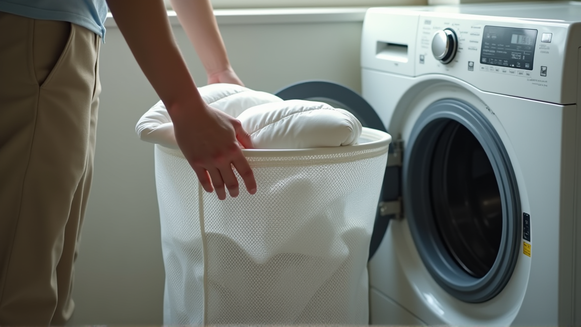 洗濯機のドライコースを選びネットに入れたダウンを投入する様子