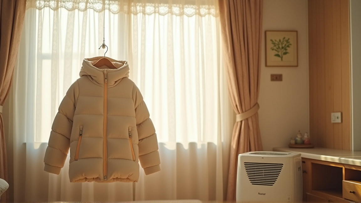 ハンガーに吊るされた乾燥中のダウンジャケットと除湿機