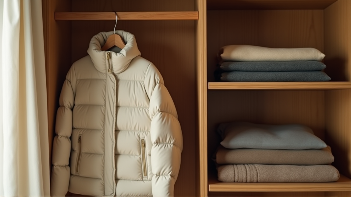 きれいに手入れされ収納されたダウンジャケットと季節物の衣類