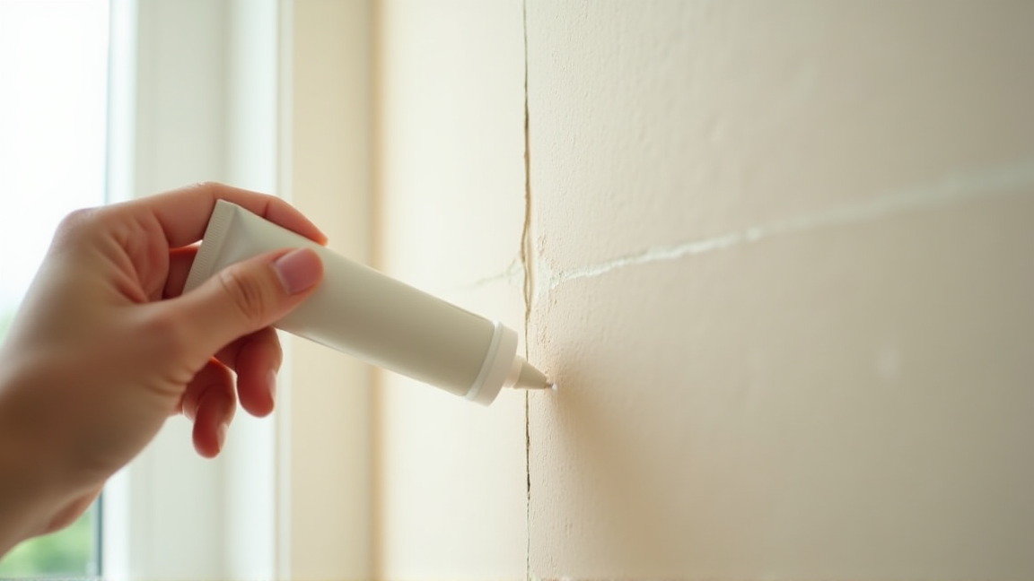 壁のひびをコーキング剤で応急処置する手元