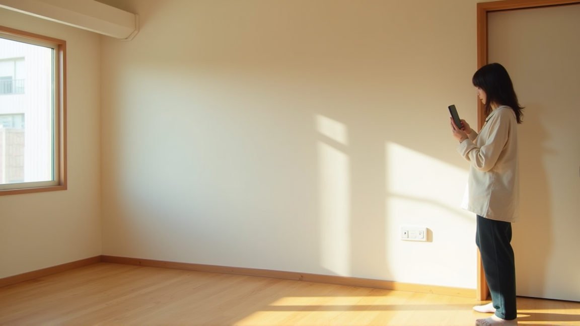 退去時に壁の状態を確認する様子