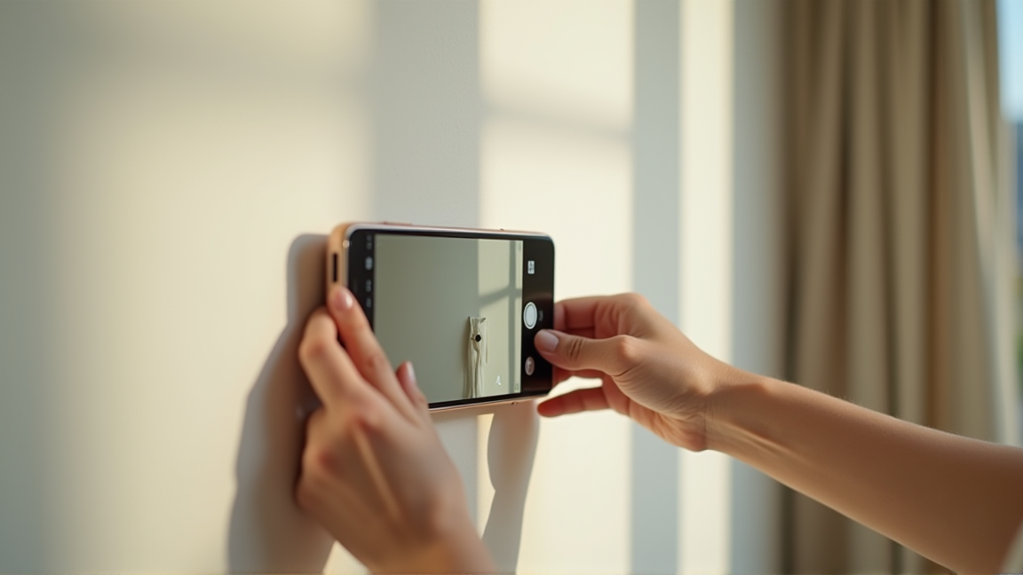 気になった壁のひびを記録として写真に撮る様子