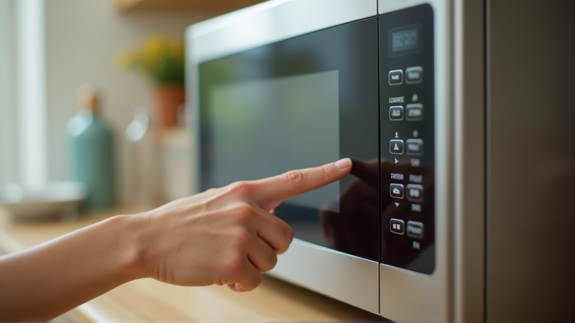 動かなくなった電子レンジの表示パネルを確認する様子