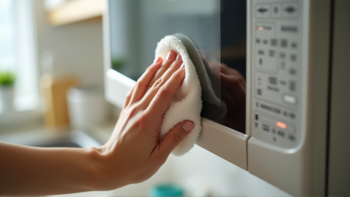 電子レンジのドアパッキンの汚れを確認する様子