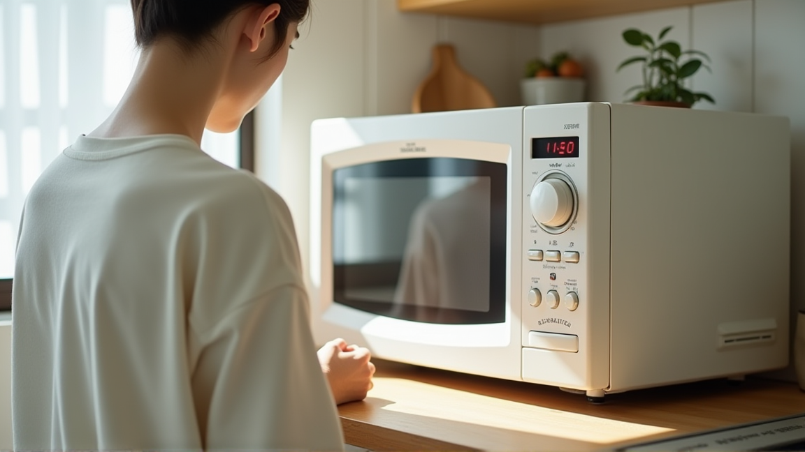 古い電子レンジの状態を確認している様子