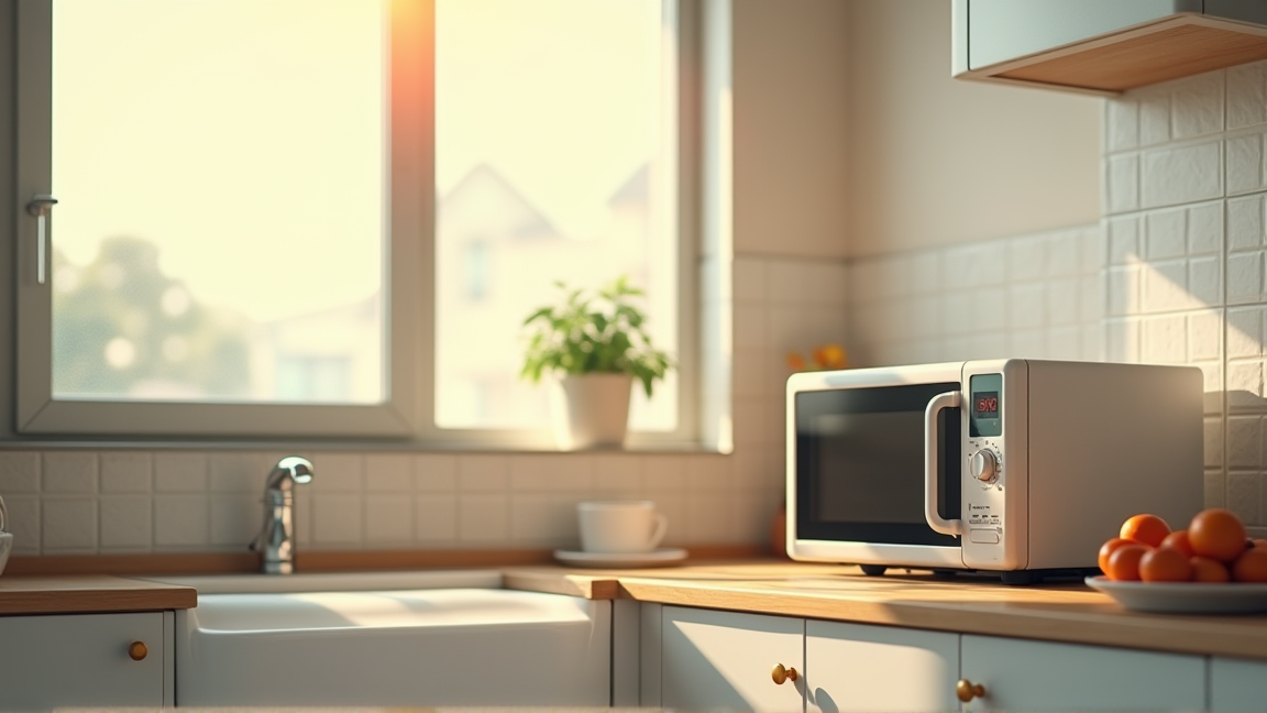 キッチンで家族が電子レンジを使う日常の様子