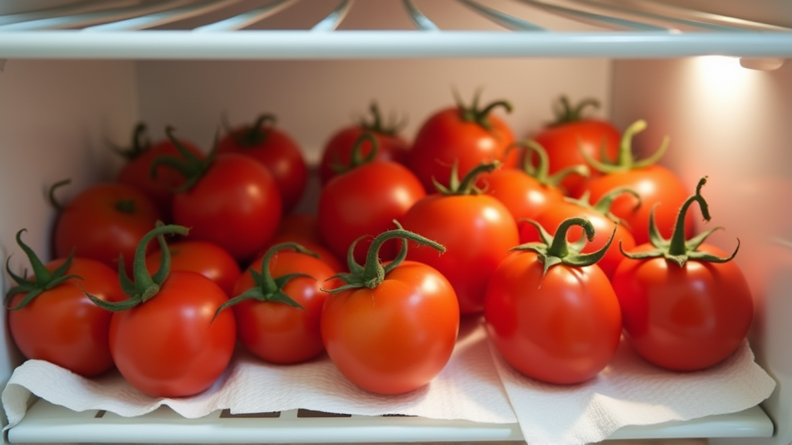 野菜室にヘタを下にして並べたトマト