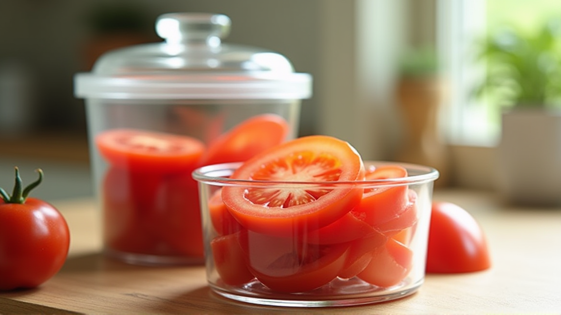 カットしたトマトを密閉容器に保存する様子