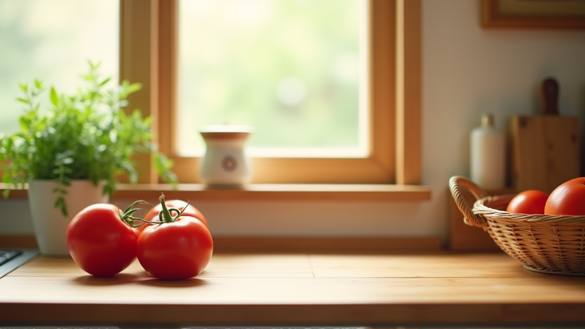 赤く熟した新鮮なトマトが並ぶキッチン