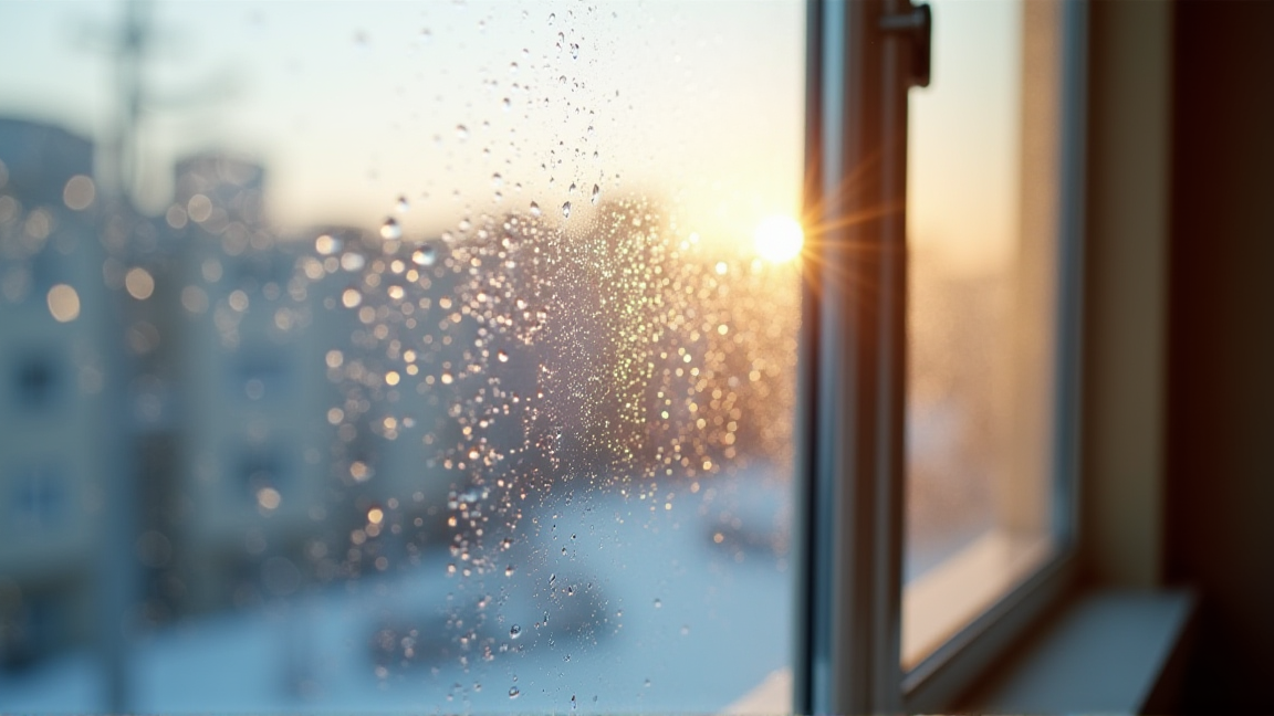 冬の朝にびっしょりと結露したマンションの窓