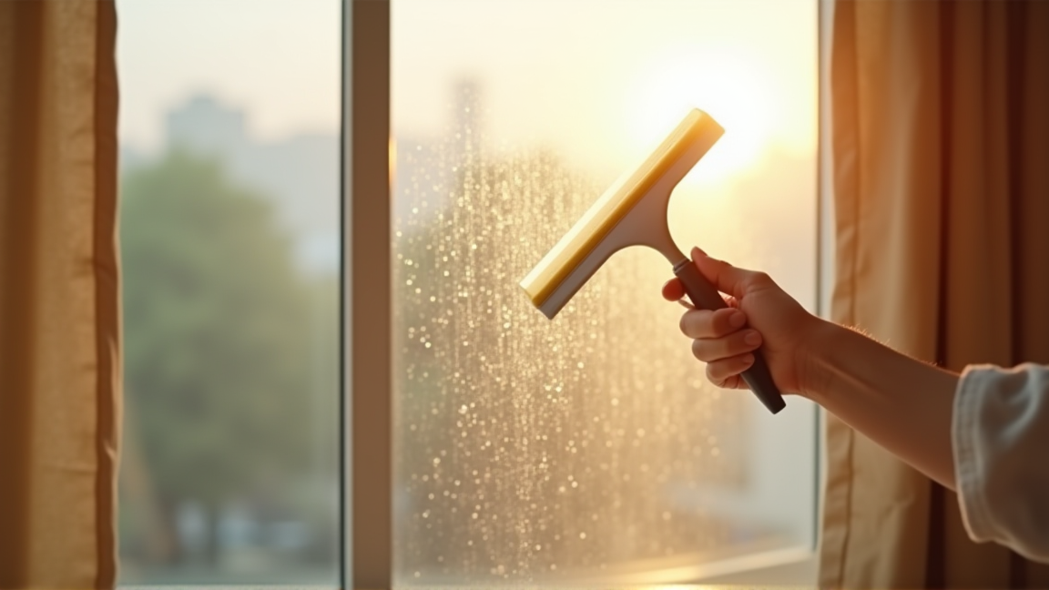 スクイジーで窓の結露を下に落としている手元