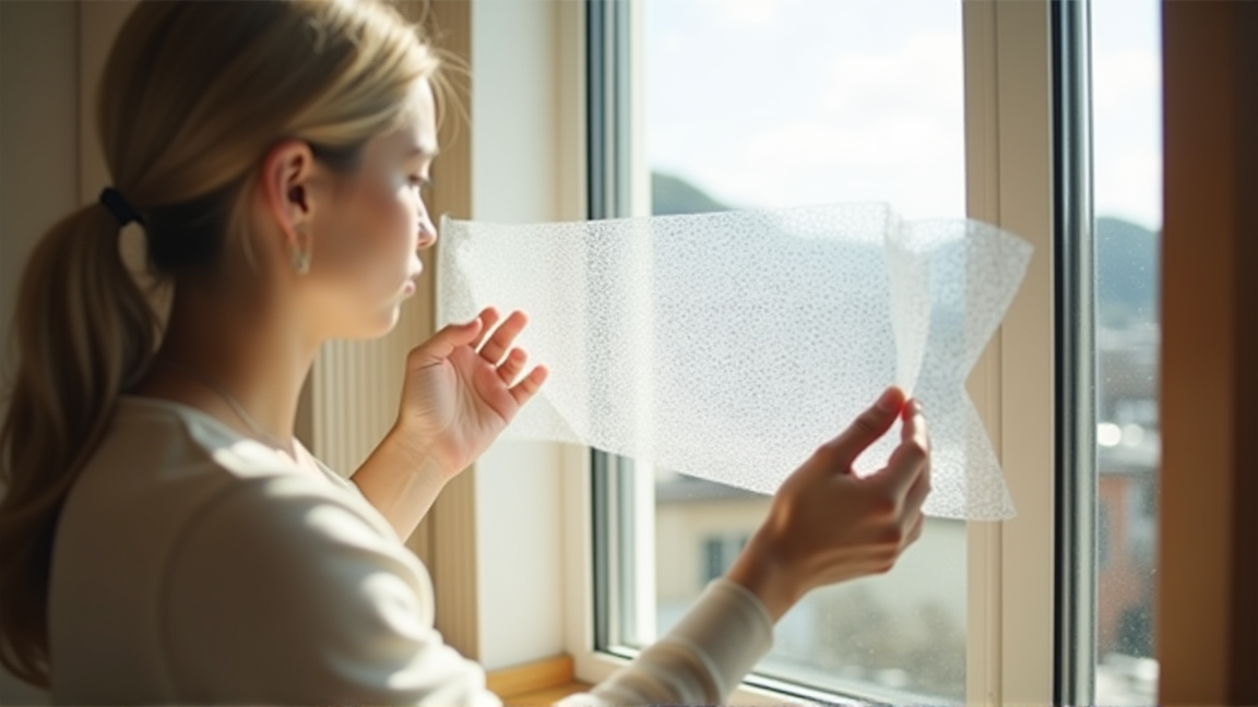 窓にプチプチ状の断熱シートを貼る様子