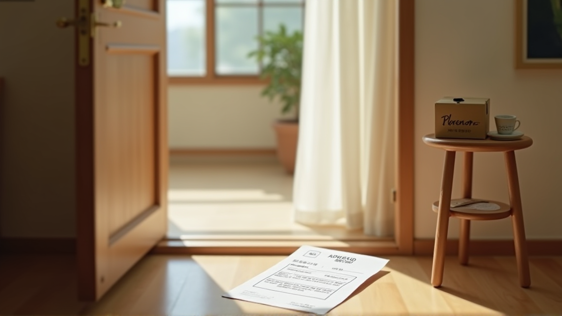 玄関先に置かれた不在票と伝票を確認する様子