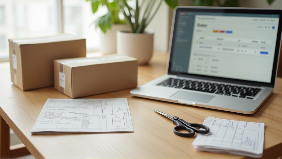 通販の段ボール箱と伝票が並ぶ作業スペース