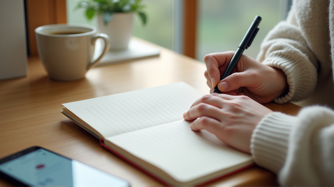 ノートに問い合わせメモを書く手元