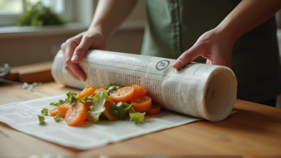 生ゴミを新聞紙で包んで小袋に入れる様子