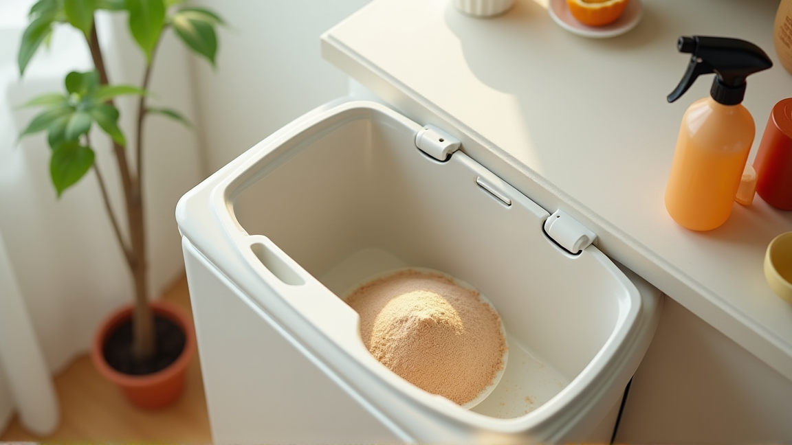 重曹とアルコールスプレーをゴミ箱の内側に使う様子