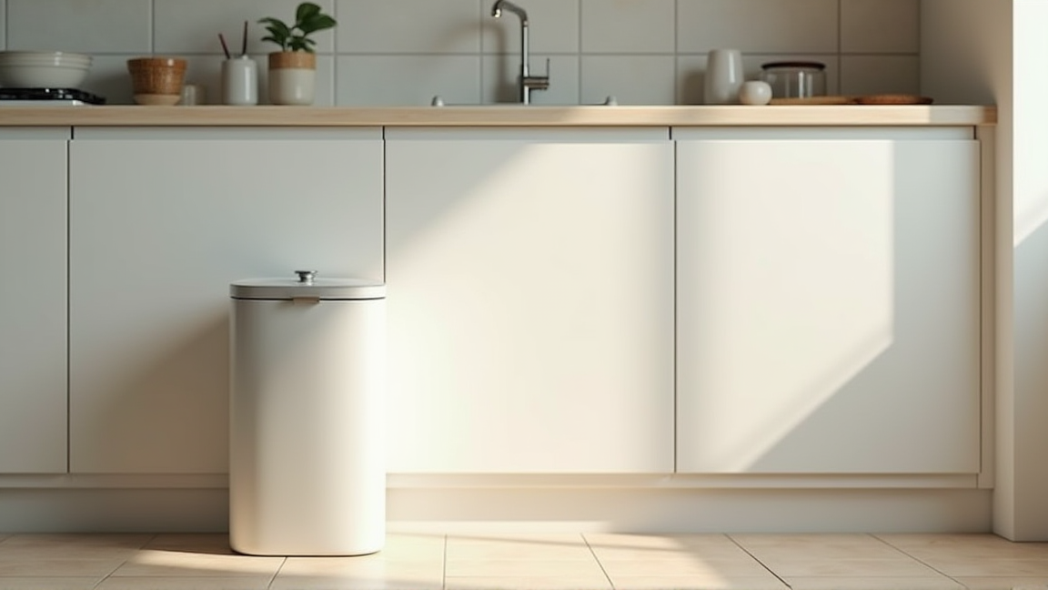 蓋付きゴミ箱をキッチンの換気しやすい場所に置いた様子