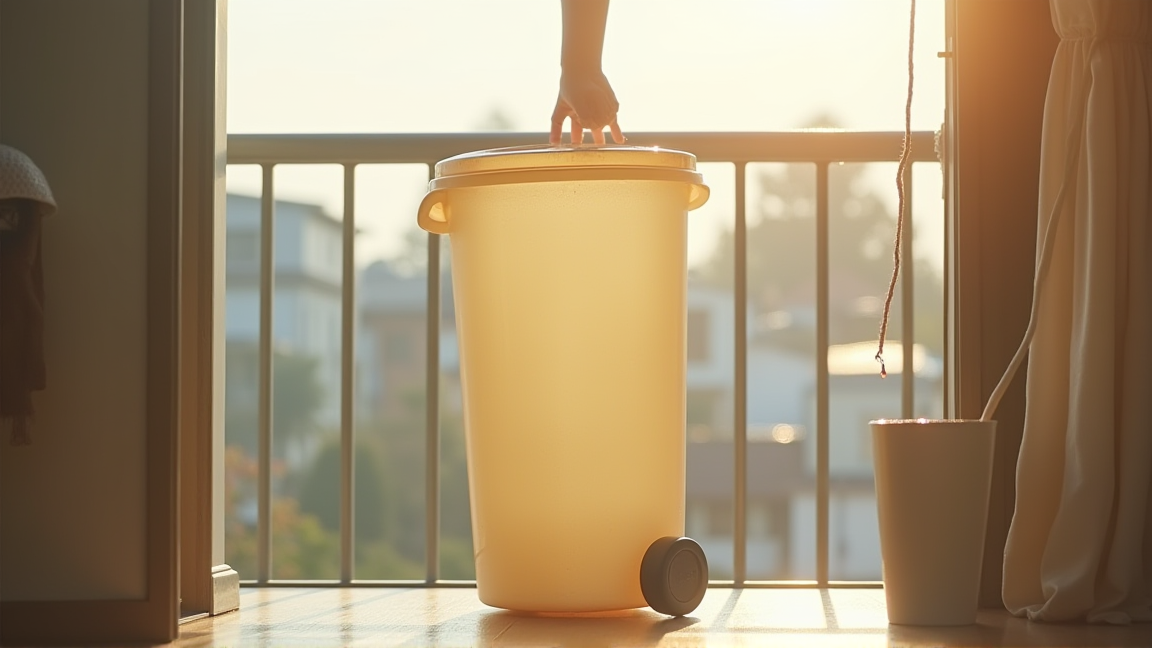 ゴミ箱を洗って天日で乾かしている様子