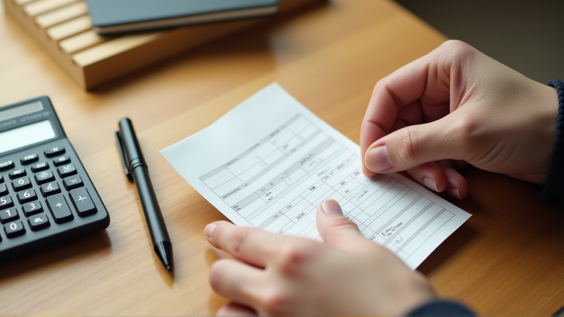 源泉徴収票と電卓、ボールペンを手元で確認する様子